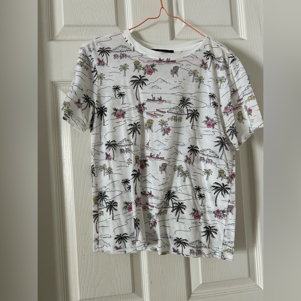 Forever 21 White Tee with Black Palm and Pink Floral Accents